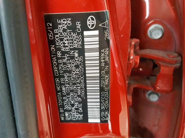 JTKKU4B40C1025735 - 2012 TOYOTA SCION XD RED photo 10