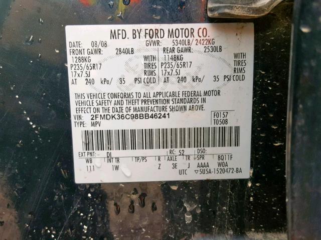 2FMDK36C98BB46241 - 2008 FORD EDGE SE BLACK photo 10