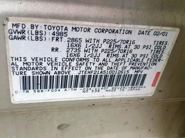 JTEHF21A510012615 - 2001 TOYOTA HIGHLANDER BEIGE photo 10