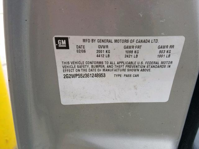 2G2WP552361248953 - 2006 PONTIAC GRAND PRIX SILVER photo 10