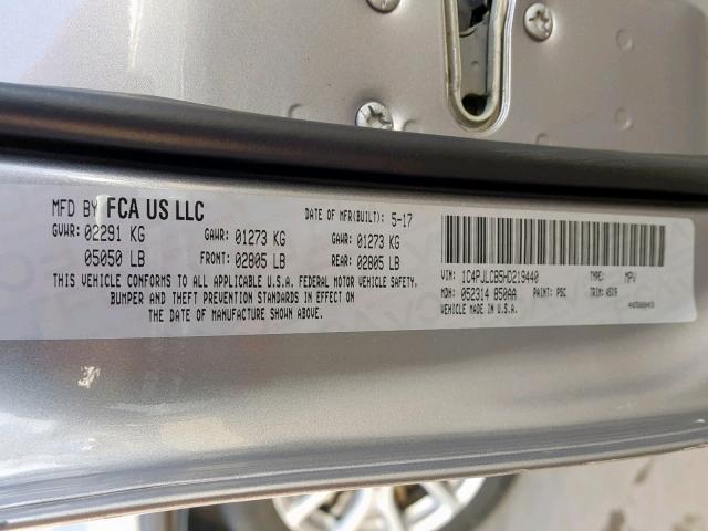 1C4PJLCB5HD219440 - 2017 JEEP CHEROKEE L SILVER photo 10