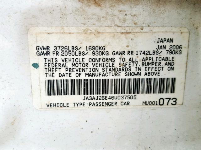 JA3AJ26E46U037505 - 2006 MITSUBISHI LANCER ES WHITE photo 10