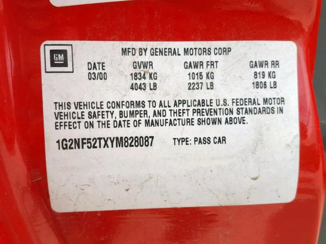 1G2NF52TXYM828087 - 2000 PONTIAC GRAND AM S RED photo 10