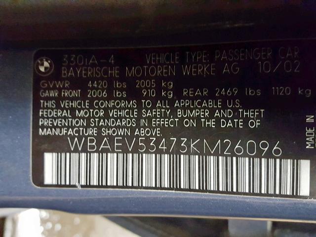 WBAEV53473KM26096 - 2003 BMW 330 I BLUE photo 10