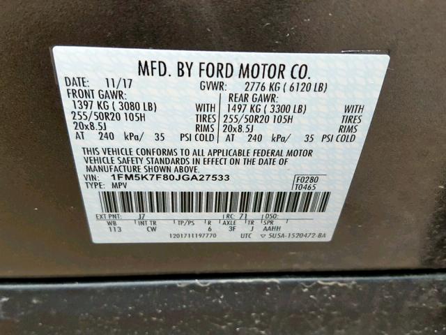 1FM5K7F80JGA27533 - 2018 FORD EXPLORER L GRAY photo 10