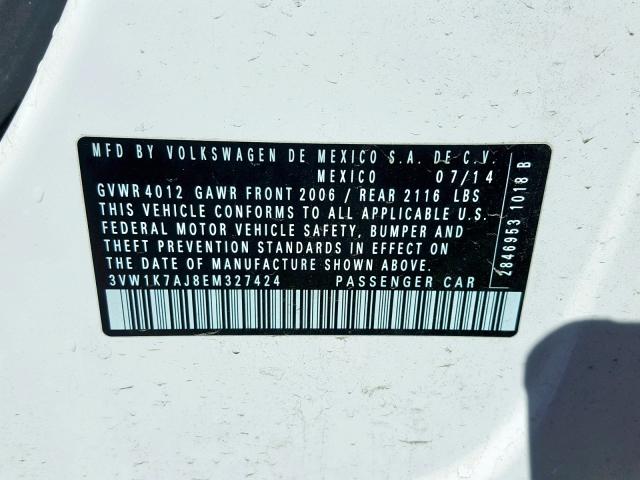 3VW1K7AJ8EM327424 - 2014 VOLKSWAGEN JETTA BASE WHITE photo 10