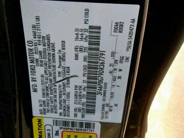 3FA6P0G79DR367791 - 2013 FORD FUSION S BLACK photo 10