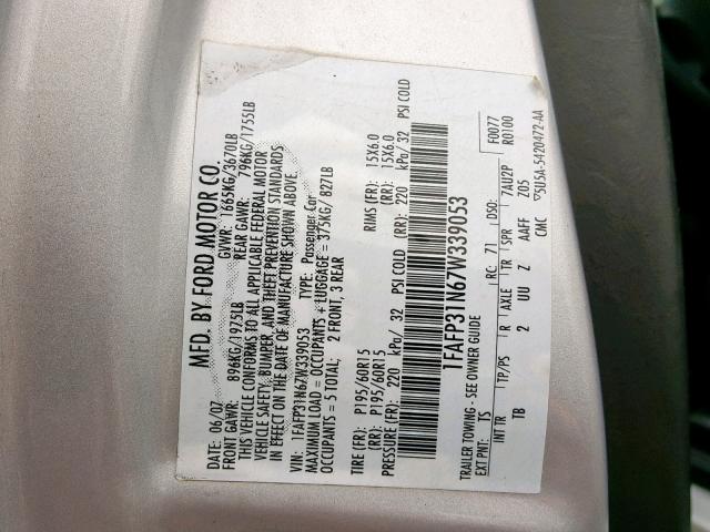 1FAFP31N67W339053 - 2007 FORD FOCUS ZX3 SILVER photo 10