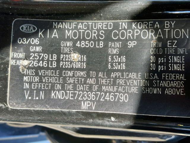 KNDJE723367246790 - 2006 KIA NEW SPORTA BLACK photo 10