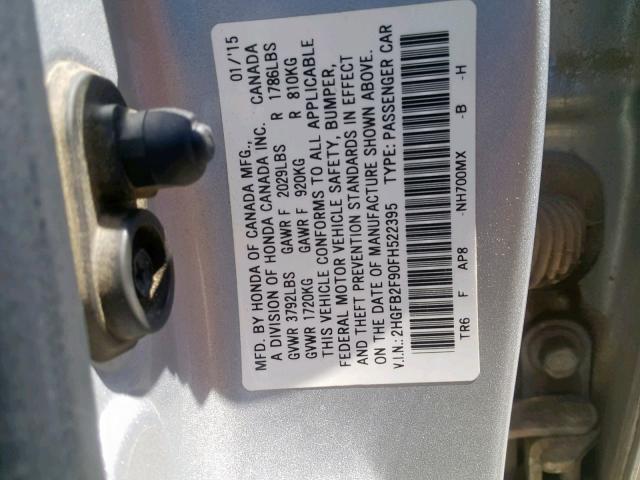 2HGFB2F90FH522395 - 2015 HONDA CIVIC EXL SILVER photo 10