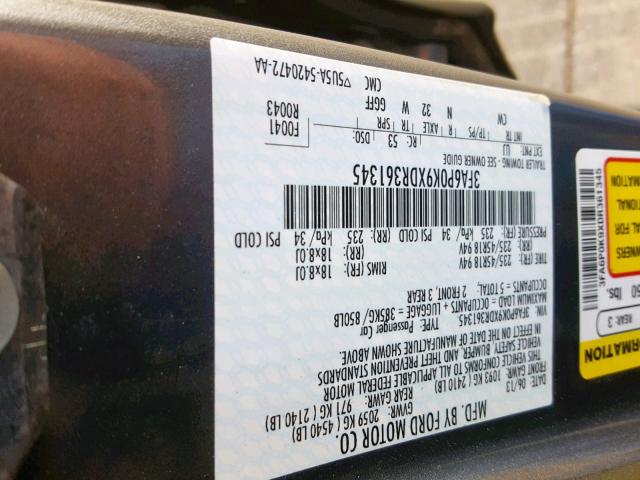 3FA6P0K9XDR361345 - 2013 FORD FUSION TIT CHARCOAL photo 10