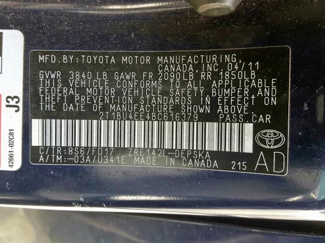 2T1BU4EE4BC616379 - 2011 TOYOTA COROLLA BASE  photo 10