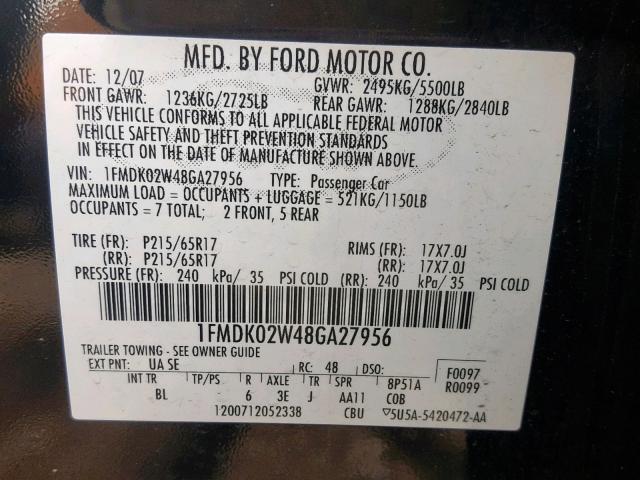 1FMDK02W48GA27956 - 2008 FORD TAURUS X S BLACK photo 10