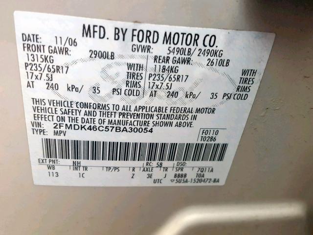 2FMDK46C57BA30054 - 2007 FORD EDGE SE WHITE photo 10