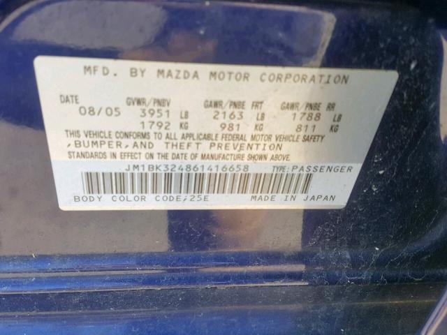 JM1BK324861416658 - 2006 MAZDA 3 S BLUE photo 10