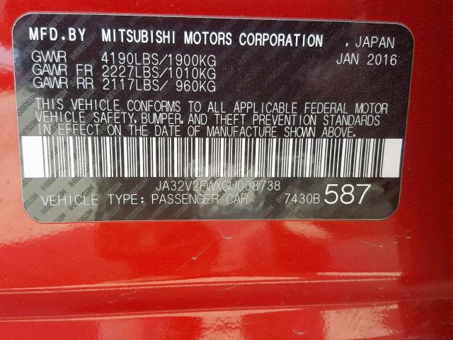 JA32V2FWXGU008738 - 2016 MITSUBISHI LANCER ES RED photo 10