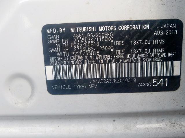 JA4AD2A37KZ010319 - 2019 MITSUBISHI OUTLANDER ES  photo 10