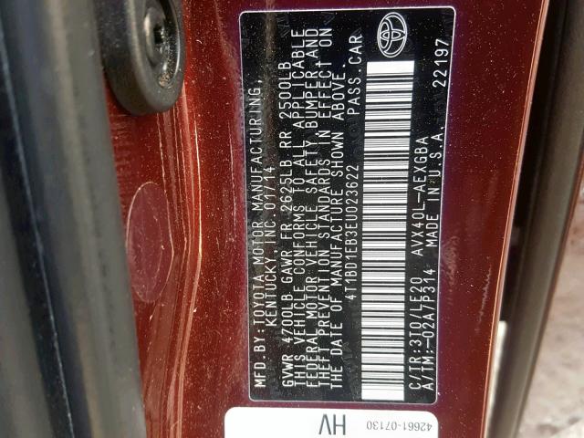 4T1BD1EB3EU023622 - 2014 TOYOTA AVALON HYB MAROON photo 10