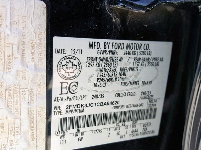 2FMDK3JC1CBA64620 - 2012 FORD EDGE SEL BLACK photo 10