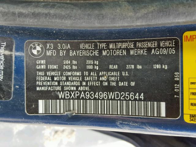 WBXPA93496WD25644 - 2006 BMW X3 3.0I BLUE photo 10