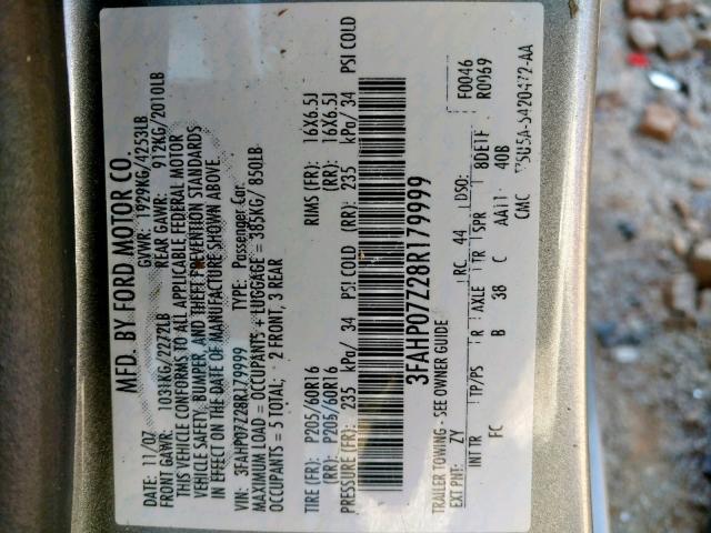 3FAHP07Z28R179999 - 2008 FORD FUSION SE SILVER photo 10