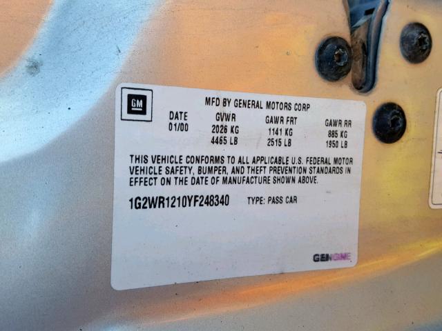 1G2WR1210YF248340 - 2000 PONTIAC GRAND PRIX SILVER photo 10