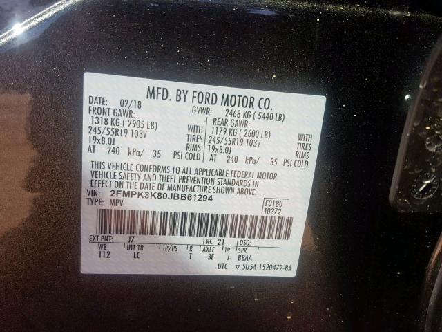 2FMPK3K80JBB61294 - 2018 FORD EDGE TITAN GRAY photo 10