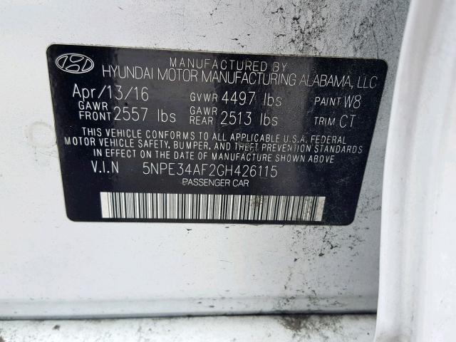 5NPE34AF2GH426115 - 2016 HYUNDAI SONATA SPO WHITE photo 10