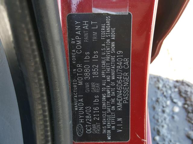 KMHDN46D64U784019 - 2004 HYUNDAI ELANTRA RED photo 10