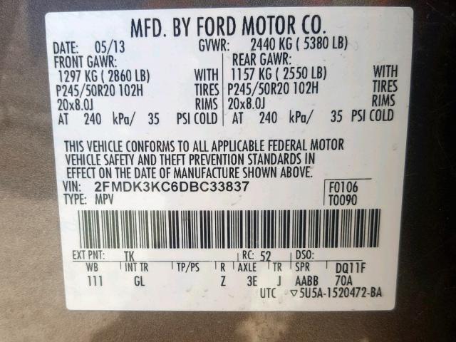 2FMDK3KC6DBC33837 - 2013 FORD EDGE LIMIT GRAY photo 10