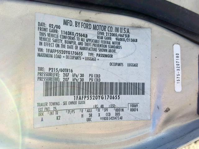 1FAFP5520YG170655 - 2000 FORD TAURUS SES SILVER photo 10