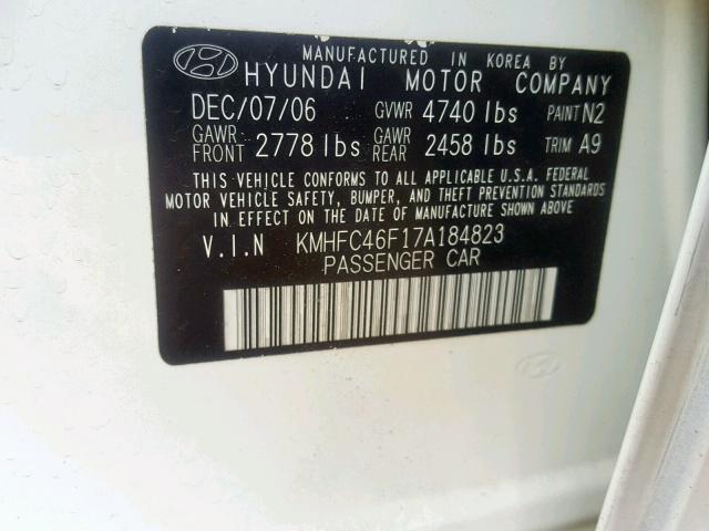 KMHFC46F17A184823 - 2007 HYUNDAI AZERA SE WHITE photo 10