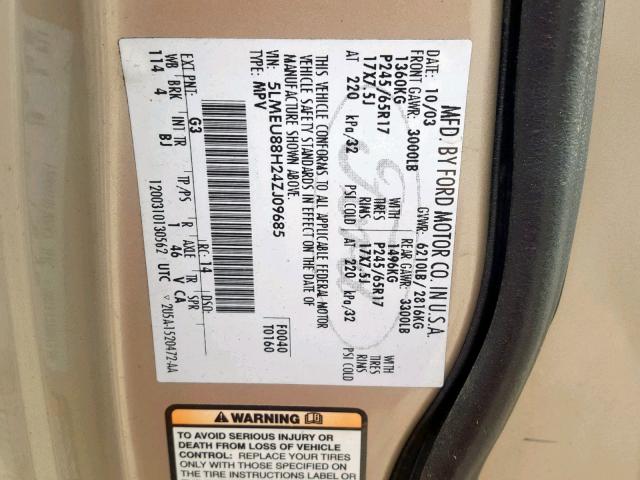 5LMEU88H24ZJ09685 - 2004 LINCOLN AVIATOR 金色 照片 10