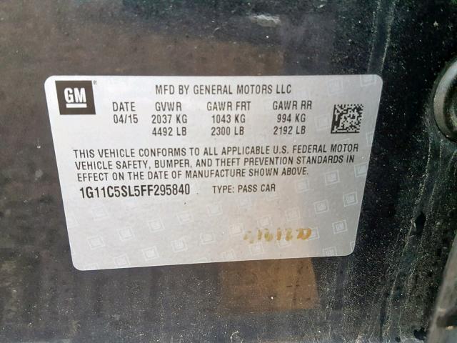 1G11C5SL5FF295840 - 2015 CHEVROLET MALIBU 1LT 黑色 照片 10