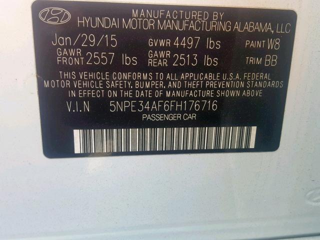 5NPE34AF6FH176716 - 2015 HYUNDAI SONATA SPO WHITE photo 10