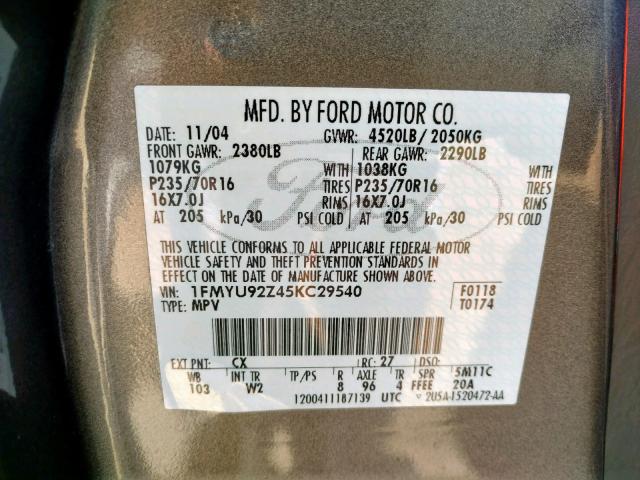 1FMYU92Z45KC29540 - 2005 FORD ESCAPE XLS GRAY photo 10