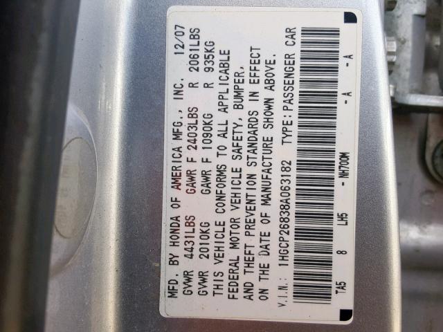 1HGCP26838A063182 - 2008 HONDA ACCORD EXL SILVER photo 10