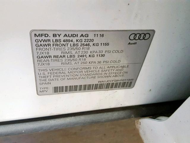 WA1JCCFS8HR011948 - 2017 AUDI Q3 PREMIUM WHITE photo 10