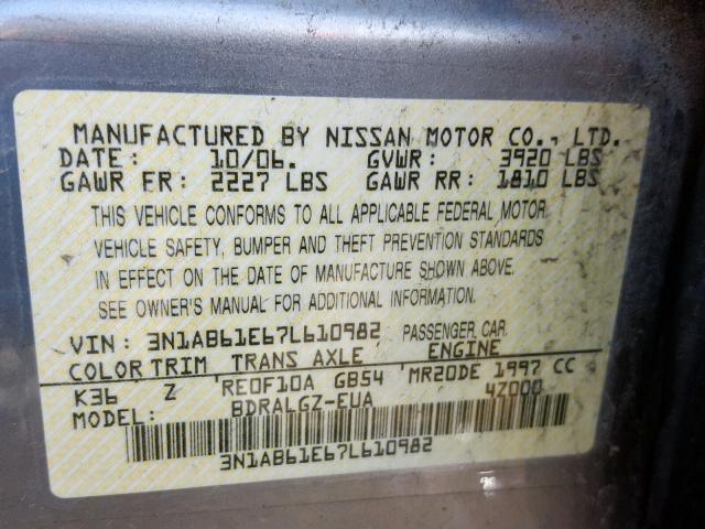 3N1AB61E67L610982 - 2007 NISSAN SENTRA 2.0 GRAY photo 10