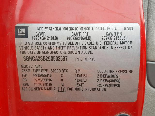 3GNCA23B29S502587 - 2009 CHEVROLET HHR RED photo 10