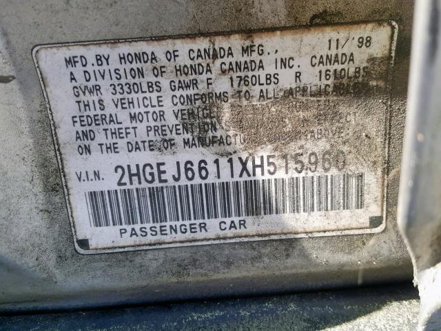 2HGEJ6611XH515960 - 1999 HONDA CIVIC BASE SILVER photo 10