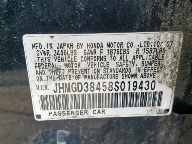 JHMGD38458S019430 - 2008 HONDA FIT BLACK photo 10