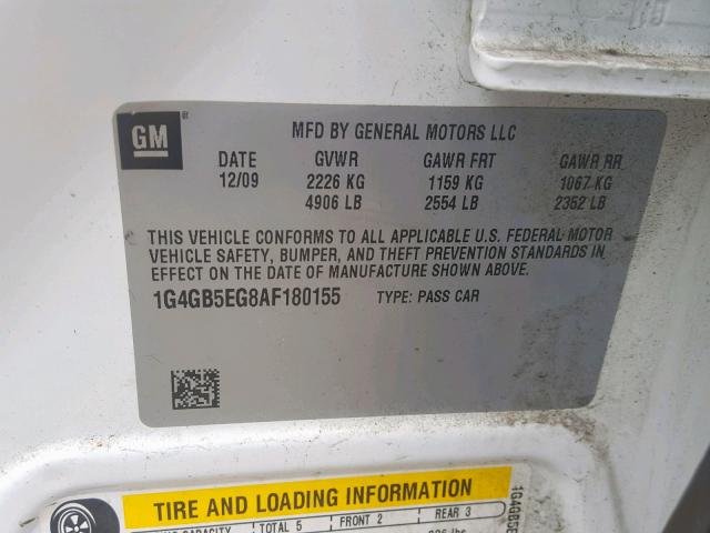 1G4GB5EG8AF180155 - 2010 BUICK LACROSSE C WHITE photo 10