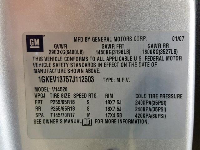 1GKEV13757J112503 - 2007 GMC ACADIA SLE SILVER photo 10