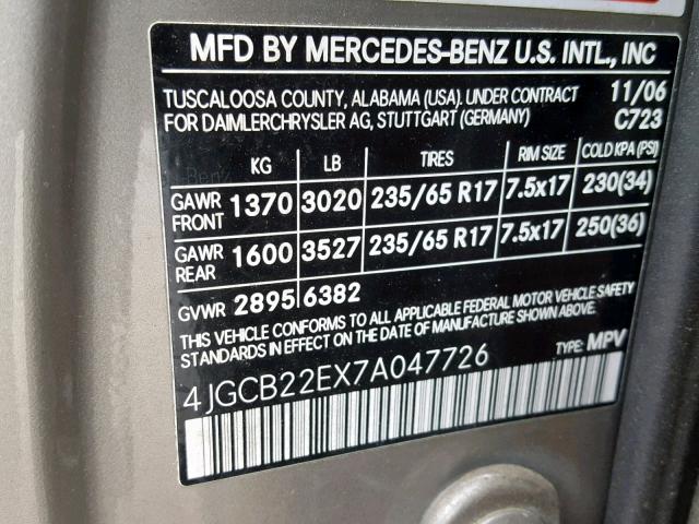 4JGCB22EX7A047726 - 2007 MERCEDES-BENZ R 320 CDI GRAY photo 10