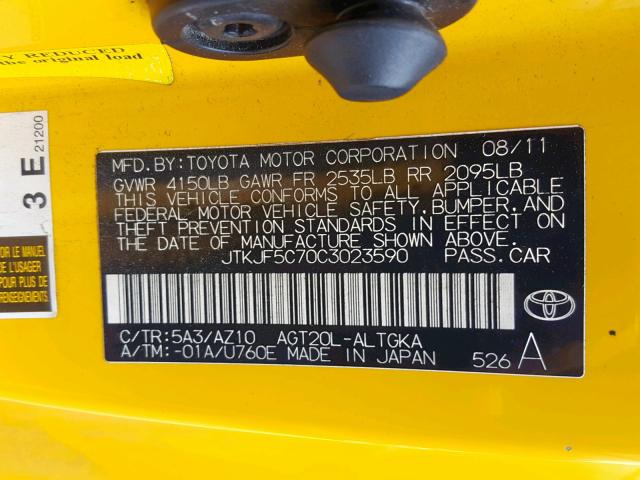 JTKJF5C70C3023590 - 2012 TOYOTA SCION TC BLACK photo 10