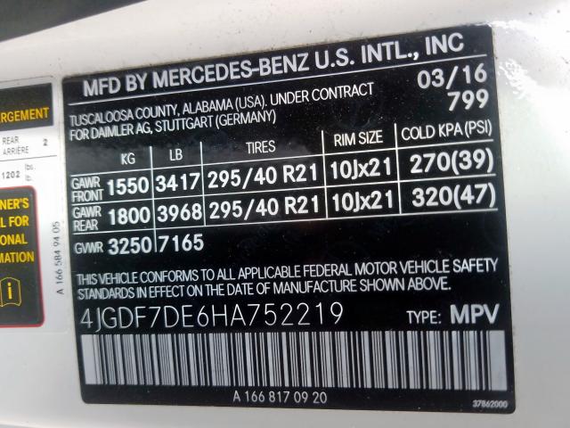 4JGDF7DE6HA752219 - 2017 MERCEDES-BENZ GLS 550 4MATIC  photo 10