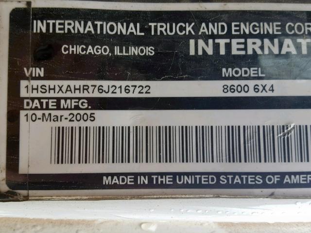 1HSHXAHR76J216722 - 2006 INTERNATIONAL 8000 8600 WHITE photo 10