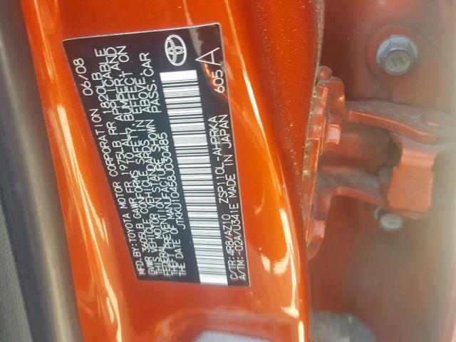 JTKKU10458J030485 - 2008 TOYOTA SCION ORANGE photo 10