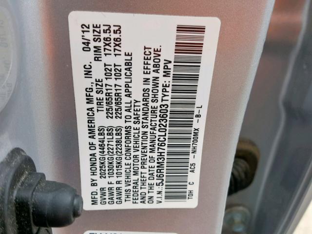 5J6RM3H76CL023603 - 2012 HONDA CR-V EXL SILVER photo 10